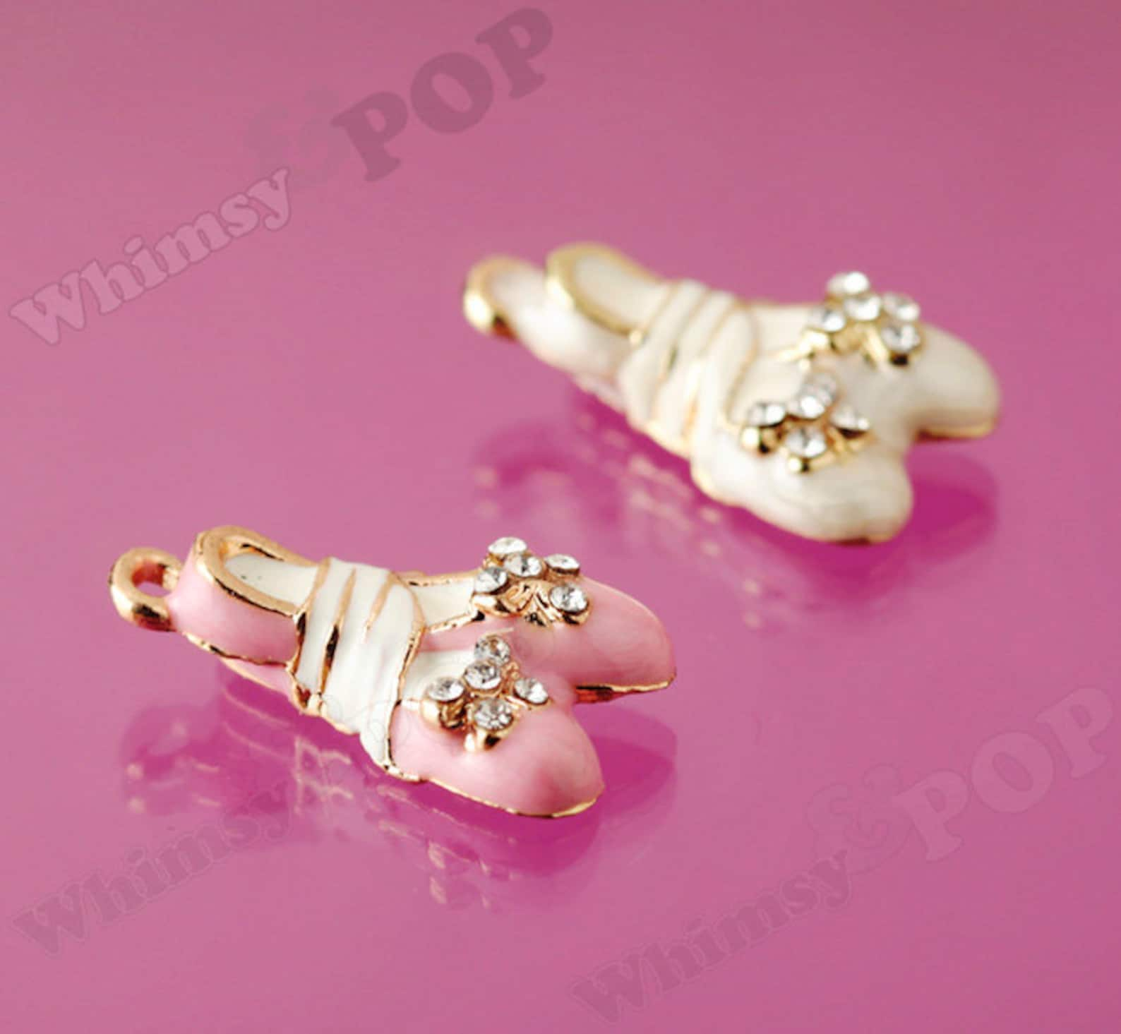 1 - 3d crystal rhinestone pink white enamel ballerina ballet slipper gold tone kawaii charm, ballet charm (3-6e)