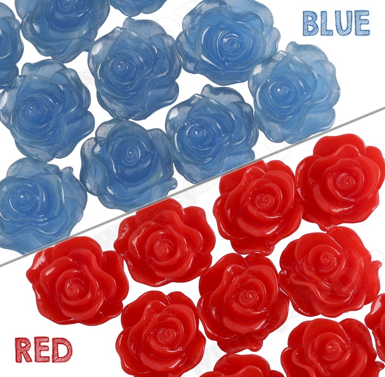May include: A collection of blue and red rose-shaped resin embellishments. The blue roses are translucent and the red roses are opaque.
