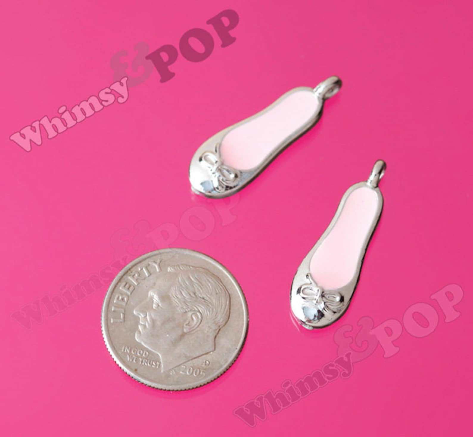 dollar sale ballet shoe charm, silver pink enamel ballerina ballet slipper charm, ballet charm, ballet slipper charm, 22mm x 7.5