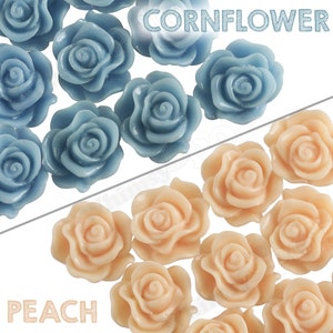 May include: Assortment of plastic rose embellishments in two colors: cornflower blue and peach. The roses are arranged in two rows, with the cornflower blue roses on top and the peach roses on the bottom.