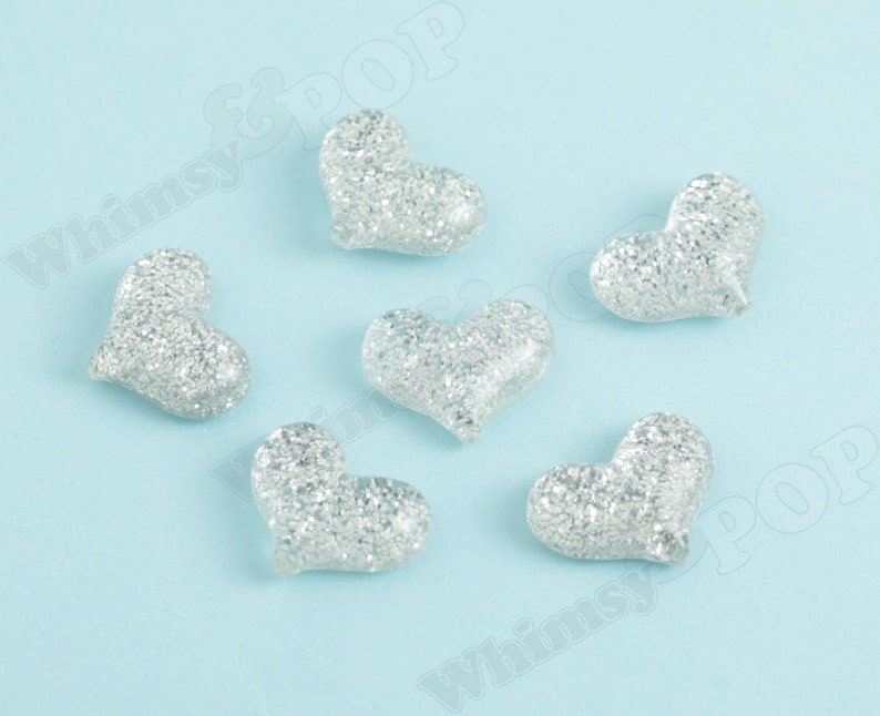 Glitter Heart Cabochons, Decoden Charms, Glitter Hearts, Resin Cabochons, Heart Cabochons Silver