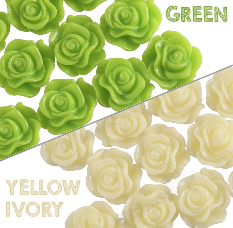 May include: Assortment of green and ivory rose-shaped embellishments.  The green roses are arranged on the left side of the image and the ivory roses are on the right side.  The word "GREEN" is printed in black letters on a white background above the green roses.  The words "YELLOW IVORY" are printed in black letters on a white background below the ivory roses.
