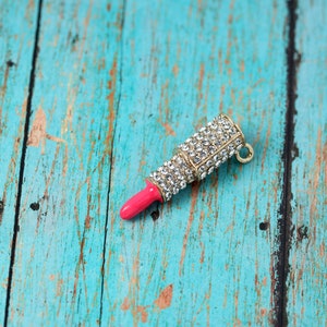 1 3D Rhinestone Pink Red Lipstick Enamel Kawaii Pendant Charm, Lipstick Charm, Lip Gloss Charm, Lipstick Pendant, Rhinestone Pendant, 45mm Hot Pink