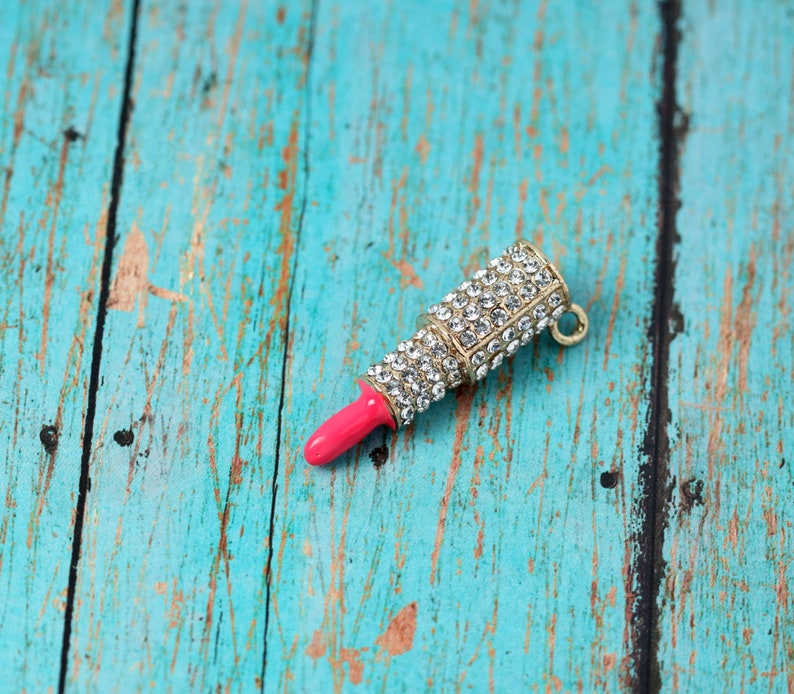 1 3D Rhinestone Pink Red Lipstick Enamel Kawaii Pendant Charm, Lipstick Charm, Lip Gloss Charm, Lipstick Pendant, Rhinestone Pendant, 45mm Hot Pink