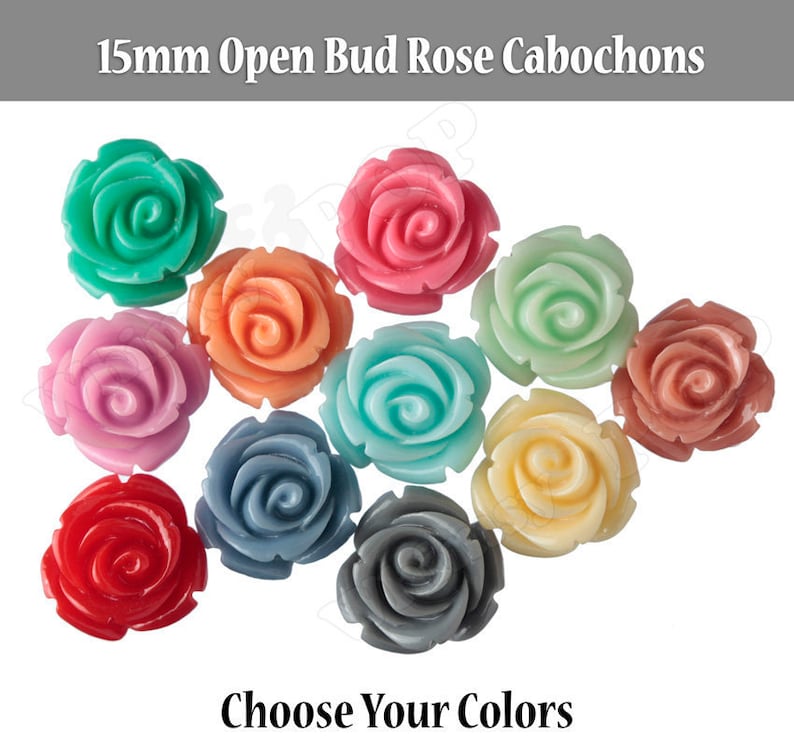 15MM Open Bud Rose Cabochons, Rose Flower Cabochons, Flat Back, Resin Flower Cabochons, Red Pink Peach Yellow Orange Blue Green White Black image 1