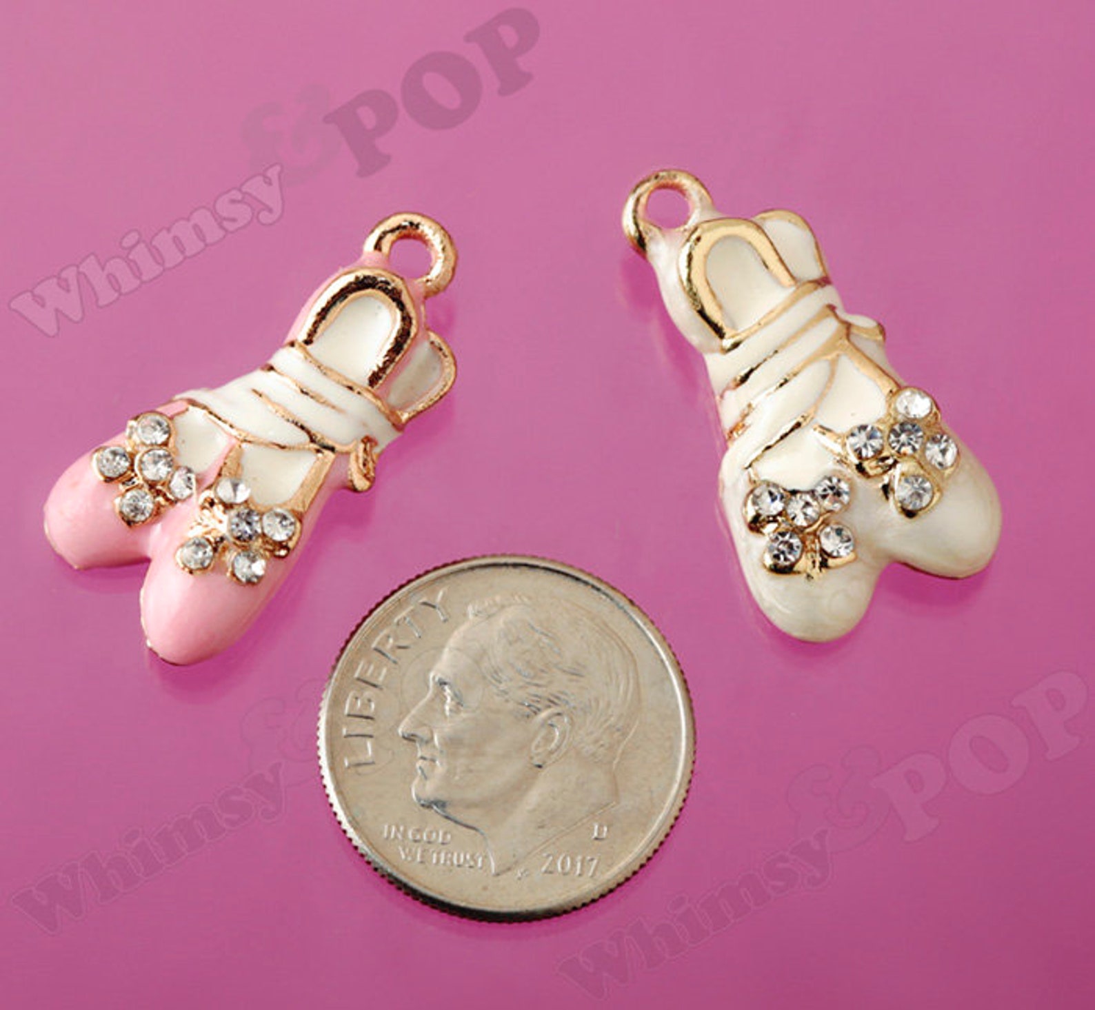 1 - 3d crystal rhinestone pink white enamel ballerina ballet slipper gold tone kawaii charm, ballet charm (3-6e)