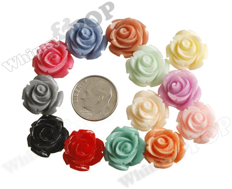 15MM Open Bud Rose Cabochons, Rose Flower Cabochons, Flat Back, Resin Flower Cabochons, Red Pink Peach Yellow Orange Blue Green White Black image 4