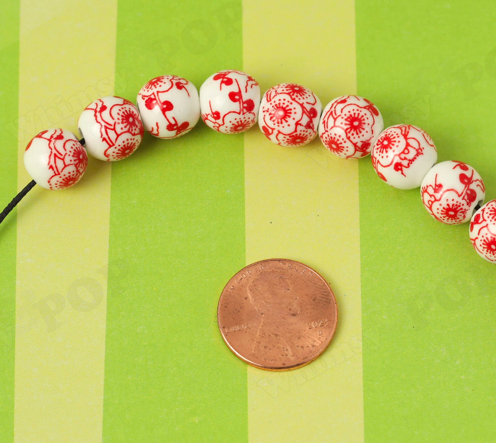 Red Poppy Floral Porcelain Round Beads, Porcelain Beads, Flower ...