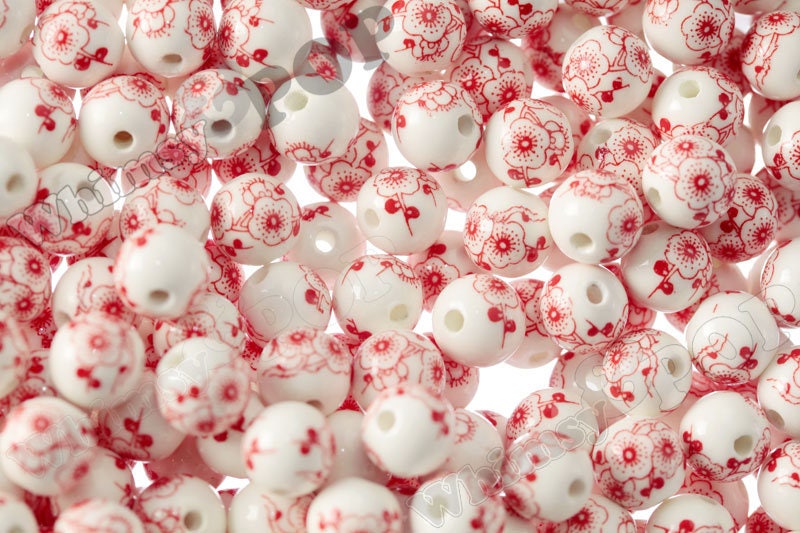 Red Poppy Floral Porcelain Round Beads, Porcelain Beads, Flower ...