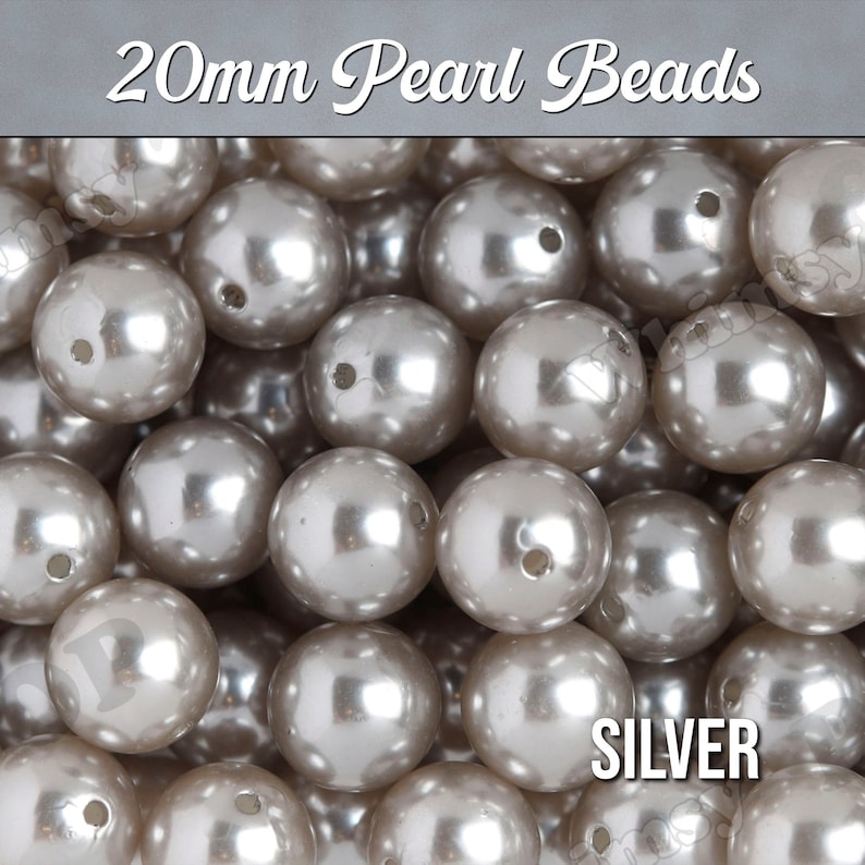 Pearl Metallic Silver Gray Gumball Beads, Chunky Pearl Beads, 20mm Pearl Beads, Pearl Gumball Beads, Bubble Gum Beads, 2MM Hole image 1