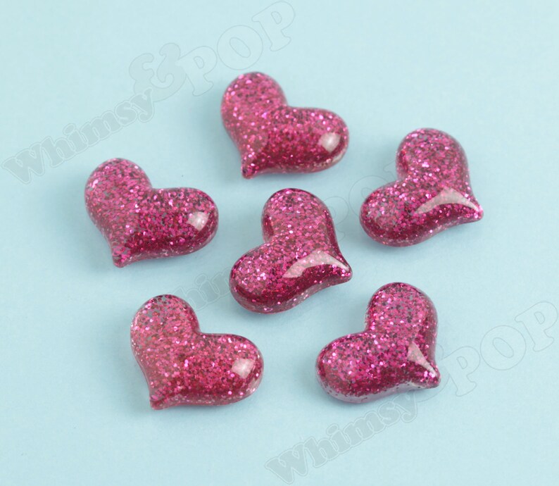 Glitter Heart Cabochons, Decoden Charms, Glitter Hearts, Resin Cabochons, Heart Cabochons Hot Pink