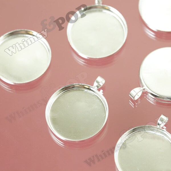 5 - Silver Color Bezel Cameo Setting Charm Pendant Blanks, Fits 25MM Round Cabochon (R5-213)