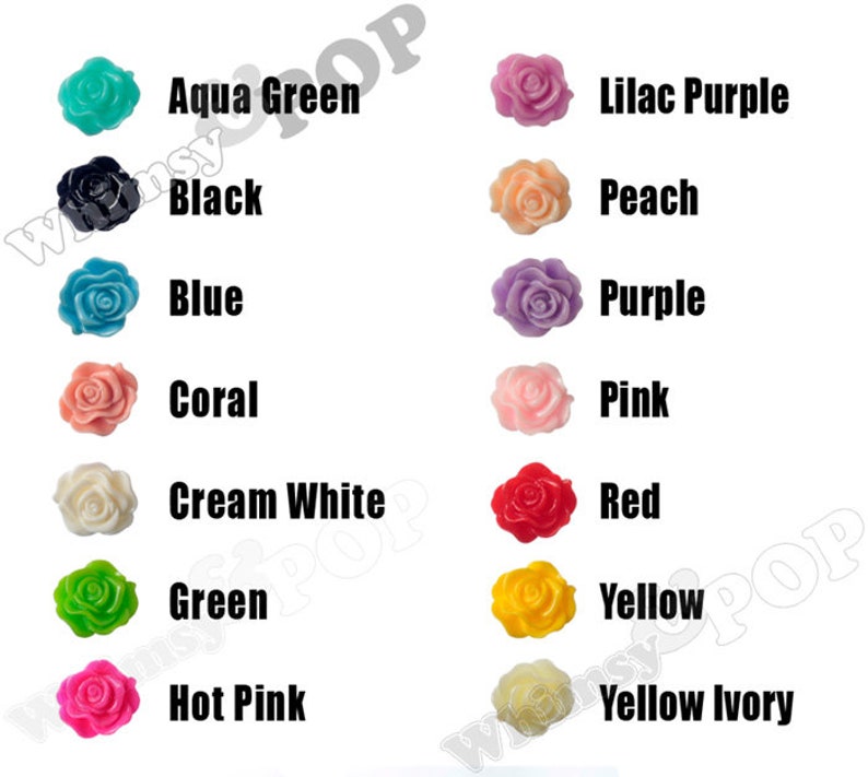 May include: Assortment of 12 colors of rose-shaped resin embellishments. Colors include aqua green, black, blue, coral, cream white, green, hot pink, lilac purple, peach, pink, purple, red, yellow, and yellow ivory.