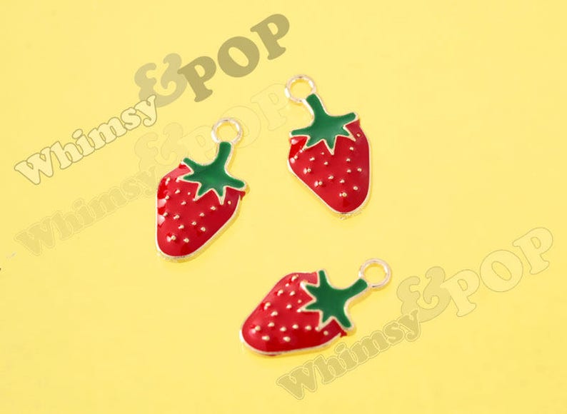 Gold Tone Small Red Foodie Strawberry Foodie Charm, Strawberry Charm, Fruit Charm, 10mm x 20mm R10-005 image 1