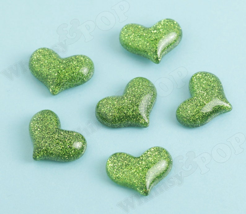 Glitter Heart Cabochons, Decoden Charms, Glitter Hearts, Resin Cabochons, Heart Cabochons Green