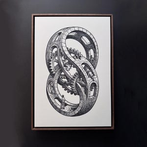 May include: Black and white architectural print in a wooden frame. The artwork depicts an Escher-style impossible object with interlocking gears and figures. The print is mounted on a white background, creating a striking contrast.