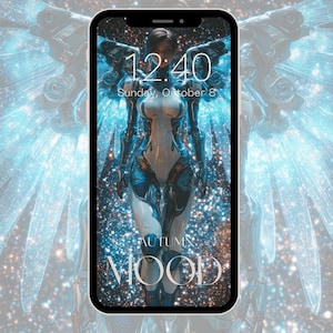 May include: A smartphone displays a digital art image of a futuristic female figure with mechanical wings. The screen shows the time 12:40 and the date Sunday, October 8. The words "AUTUMN MOOD" are also visible on the screen.