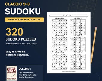 Classic 9×9 Sudoku Printable PDF, 320 Puzzles & Solutions, A4 and US Letter