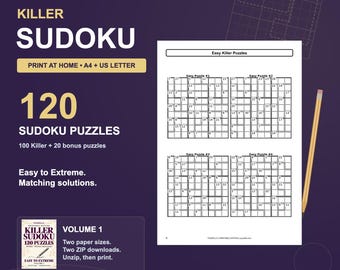 Killer Sudoku Printable PDF, 120 Puzzles & Solutions, A4 and US Letter