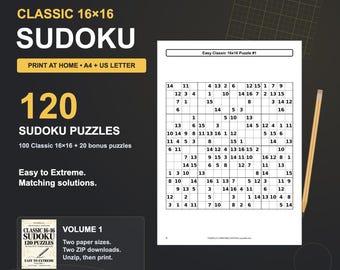 Classic 16×16 Sudoku Printable PDF, 120 Puzzles & Solutions, A4 and US Letter