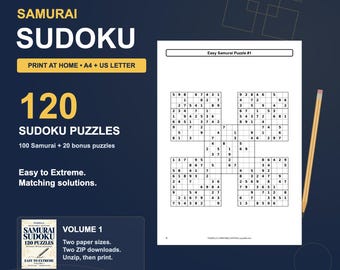 Samurai Sudoku Printable PDF, 120 Puzzles & Solutions, A4 and US Letter