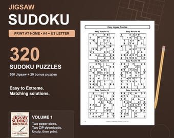 Jigsaw Sudoku Printable PDF, 320 Puzzles & Solutions, A4 and US Letter