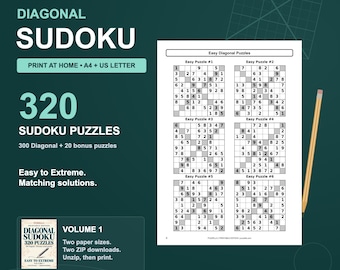 Diagonal Sudoku Printable PDF, 320 Puzzles & Solutions, A4 and US Letter
