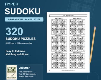 Hyper Sudoku Printable PDF, 320 Puzzles & Solutions, A4 and US Letter