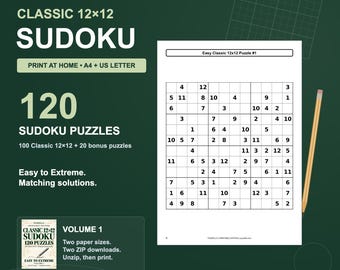 Classic 12×12 Sudoku Printable PDF, 120 Puzzles & Solutions, A4 and US Letter