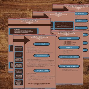 May include: A collection of brown and blue recipe cards with cooking tips and measurements. The cards cover topics like herbs, cooking temperatures, and pots and pans. The text includes information on potatoes, rice, and other cooking-related topics.