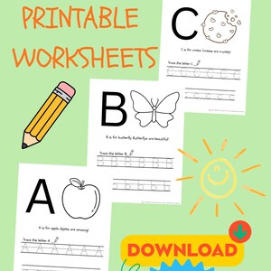May include: A collection of preschool printable worksheets on a light green background. The worksheets feature the letters A, B, and C with corresponding images of an apple, butterfly, and cookie. A yellow pencil and a sun graphic are also present. The words "PRESCHOOL PRINTABLE WORKSHEETS" are at the top.