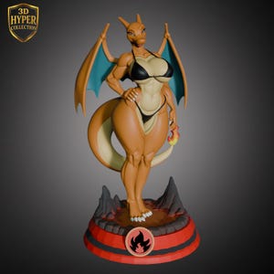 May include: A 3D-printed figurine of a Charizard-like character in a black bikini. The figure has orange skin, blue wings, and a flame at the end of its tail. It stands on a red and black base with a flame emblem. The logo "3D HYPER COLLECTION" is in the upper left corner.