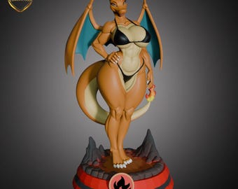 Estatua de Waifu Dragón en Traje de Baño - Figura de Resina de Estilo Anime de Bestia de Fuego Pintada a Mano