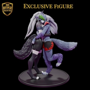 May include: A 3D-printed figure of two anthropomorphic wolves embracing. One wolf is primarily black and the other is blue with a red and black outfit. The figure is on a black circular base, with the text "EXCLUSIVE FIGURE" above.