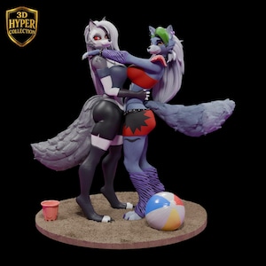 May include: A 3D-printed figurine featuring two anthropomorphic wolf characters embracing. One wolf is primarily black and white, the other blue and red. A beach ball and a small bucket are on a sandy base. The logo "3D HYPER COLLECTION" is in the upper left.