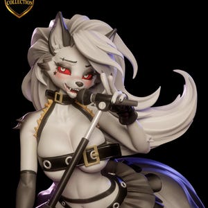 Puede incluir: Figura 3D de un personaje de lobo femenino con pelaje blanco, ojos rojos y un atuendo negro. La figura sostiene un micrófono y tiene una expresión severa. El logotipo "3D HYPER COLLECTION" está en la esquina superior izquierda.