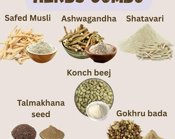 Combo di erbe ayurvediche – Safed musli, Ashwagandha, Shatavari, Konch beej, Gokhru, semi di Talmakhana
