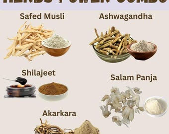Combo d'herbes - musli de Safed, ashwagandha, akarkara, shilajeet et salam panja (entier/poudre) par EHS