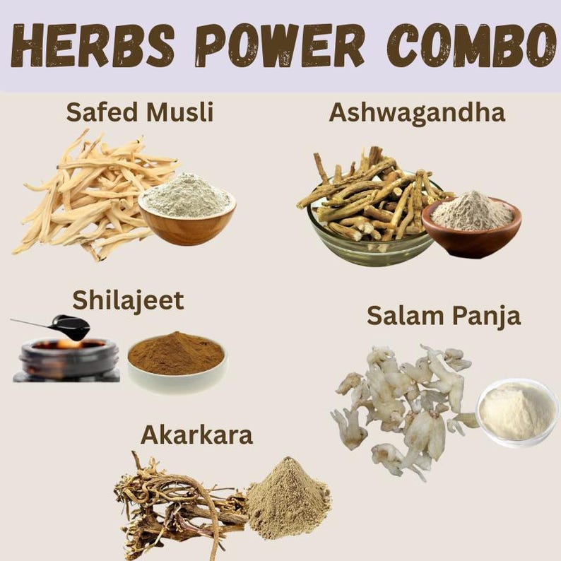 Puede incluir: Imagen que muestra varios productos herbales, incluyendo Safed Musli, Ashwagandha, Shilajeet, Salam Panja y Akarkara. Cada hierba se muestra en su forma cruda y en polvo, presentadas en peque&ntilde;os cuencos y recipientes. El texto "HERBS POWER COMBO" est&aacute; en la parte superior.