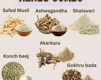 Combinación de hierbas: Safed musli, Ashwagandha, Shatavari, Konch beej, Gokhru, Akarkara (entera/en polvo) de EHS