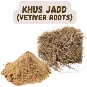May include: Image of Khus Jadd (Vetiver Roots) with a pile of brown powder and a ball of dried roots. The text "KHUS JADD (VETIVER ROOTS)" is displayed in a brown banner at the top of the image. The powder is finely ground and light brown.