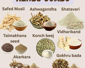 Combo de 8 hierbas: Ashwagandha, Shatavari, Kaunch Beej y más