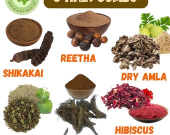 Combo para el cuidado del cabello 6 hierbas: flor de Reetha, Amla, Shikakai, Brahmi, Jatamasi y Hibiscus (Gudhal), orgánica y ayurvédica