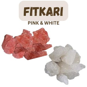 May include: The image displays two distinct piles of crystalline solids. One pile consists of pink and red-hued chunks, while the other is composed of white, translucent pieces. The text "FITKARI PINK & WHITE" is at the top.