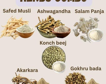 Combinación de hierbas: Safed Musli, Ashwagandha y más (enteras/en polvo)