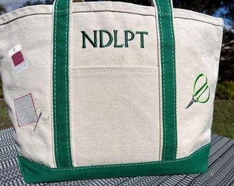 LARGE SIZE Custom Embroidered Canvas Needlepoint Project Bag with Monogram and Craft Motifs- NDLPT