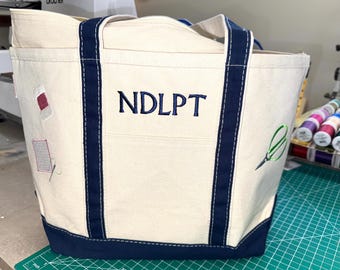 Custom Embroidered Canvas Tote Bag - Needlepoint Project Bag with Monogram and Craft Motifs- NDLPT