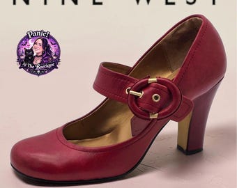 Nine West Vintage Style Mary Jane Pumps Damen 6,5 Rot Leder Block Heels Retro