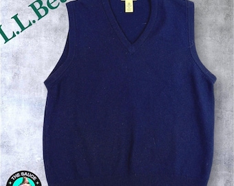 LL Bean Vintage Lambswool V Neck Vest Mens Medium Navy Made in Scotland Preppy