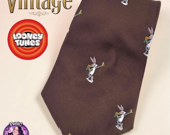 Krawat Looney Tunes Bugs Bunny męski haftowany brązowy vintage 90s retro nowość USA